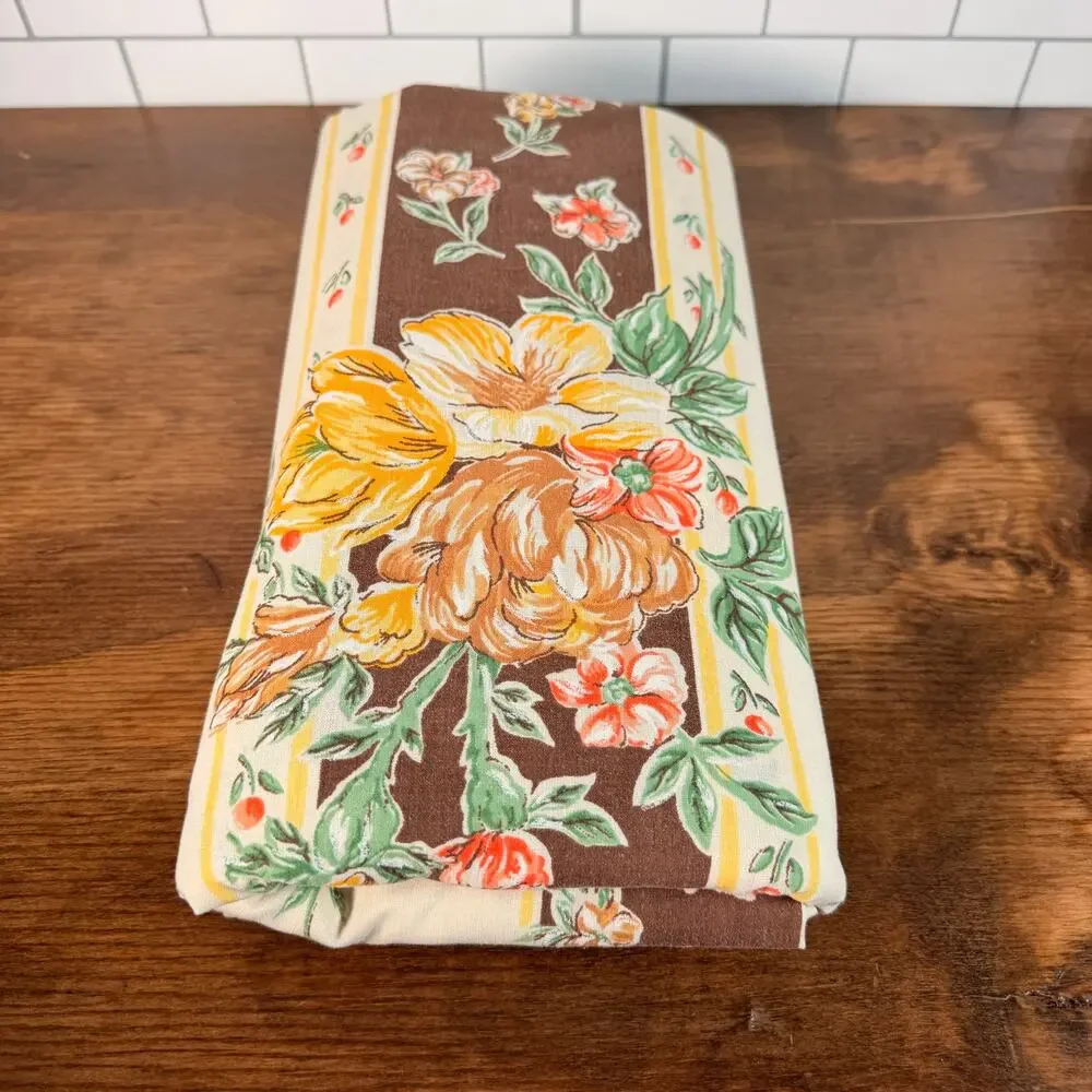 Vintage 1978 JP Stevens Floral Full Flat Sheet Brown Orange Yellow Retro Bedding